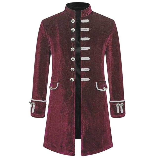 DPTALR Men Solid Long Sleeve Steampunk Vintage Velvet Uniform Stand Collar Cardigan Jacket