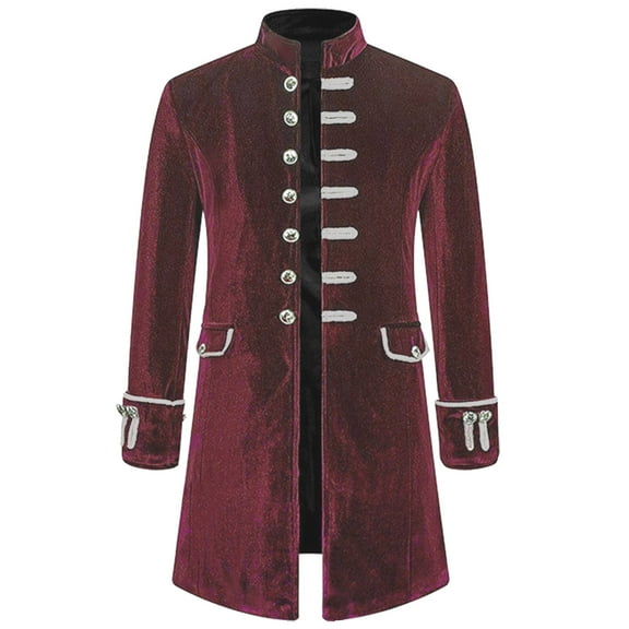 Herrnalise Jackets for Men Solid Long Sleeve Steampunk Vintage Velvet Uniform Stand Collar Cardigan Jacket Red