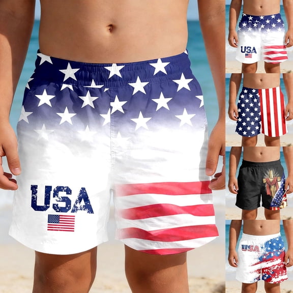 SOFTCCLO America 250 Merchandise Boys American Flag Print Beach Shorts Summer Casual Vacation Patriotic Lightweight Daily Wear Pants White 13-14Y