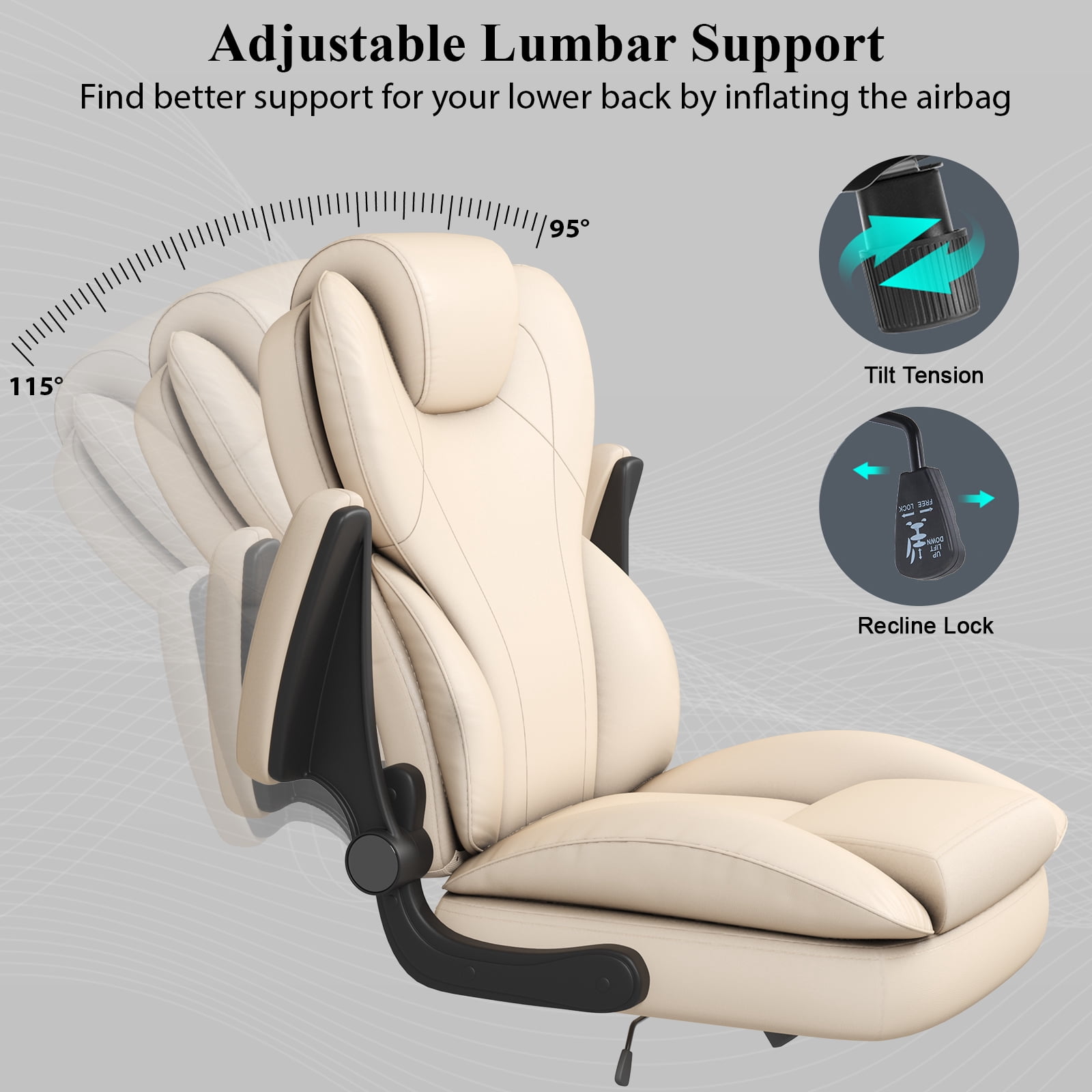E-motie Home Office Chair with Flip-up Arms, Adjustable High Back Chair, Quiet Nylon Wheels, Beige