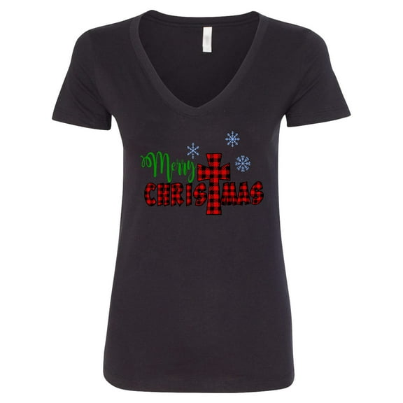 Inktastic Merry Christmas Buffalo Plaid Cross with Snowflakes Women's V-Neck T-Shirt