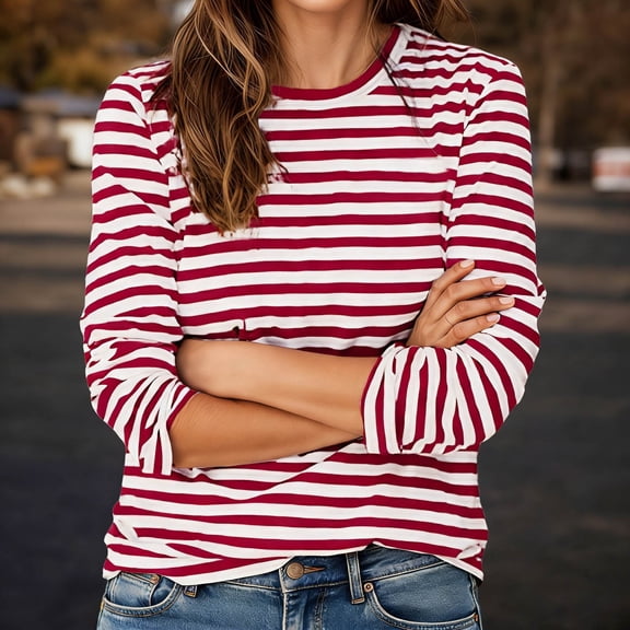 Women Basic Tops Long Sleeve Striped Print Y2K Casual Loose T-Shirt Round Neck Fashion Tee