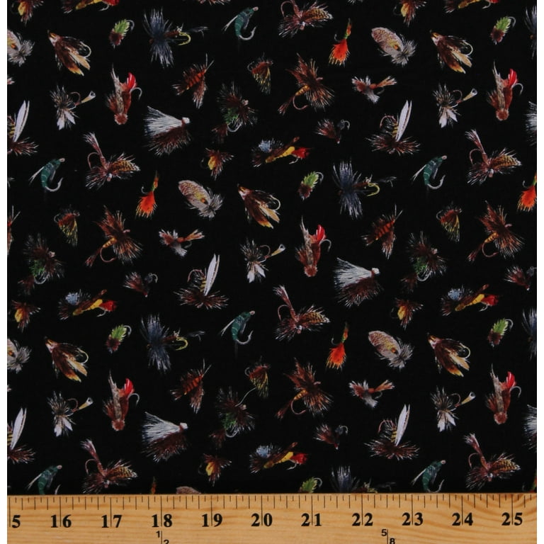 Cotton Fishing Lures Fishing Gear Tackle Bait Tight Lines Black Cotton  Fabric Print by the Yard (611BLACK)