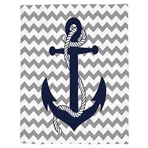 Flannel Fleece Luxury Lightweight Cozy Couch/Bed Super Soft Warm Plush Microfiber Throw Blanket,Nautical Navy Anchor with Gray and White Chevron 50 x 60 Inches