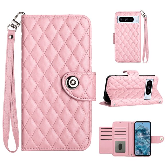 for Google Pixel 9a Wallet Case, Elegant Card Holder Cash Slot PU Leather Kickstand Wrist Strap Shockproof Protective Flip Women Girls Case Cover for Google Pixel 9a, Pink