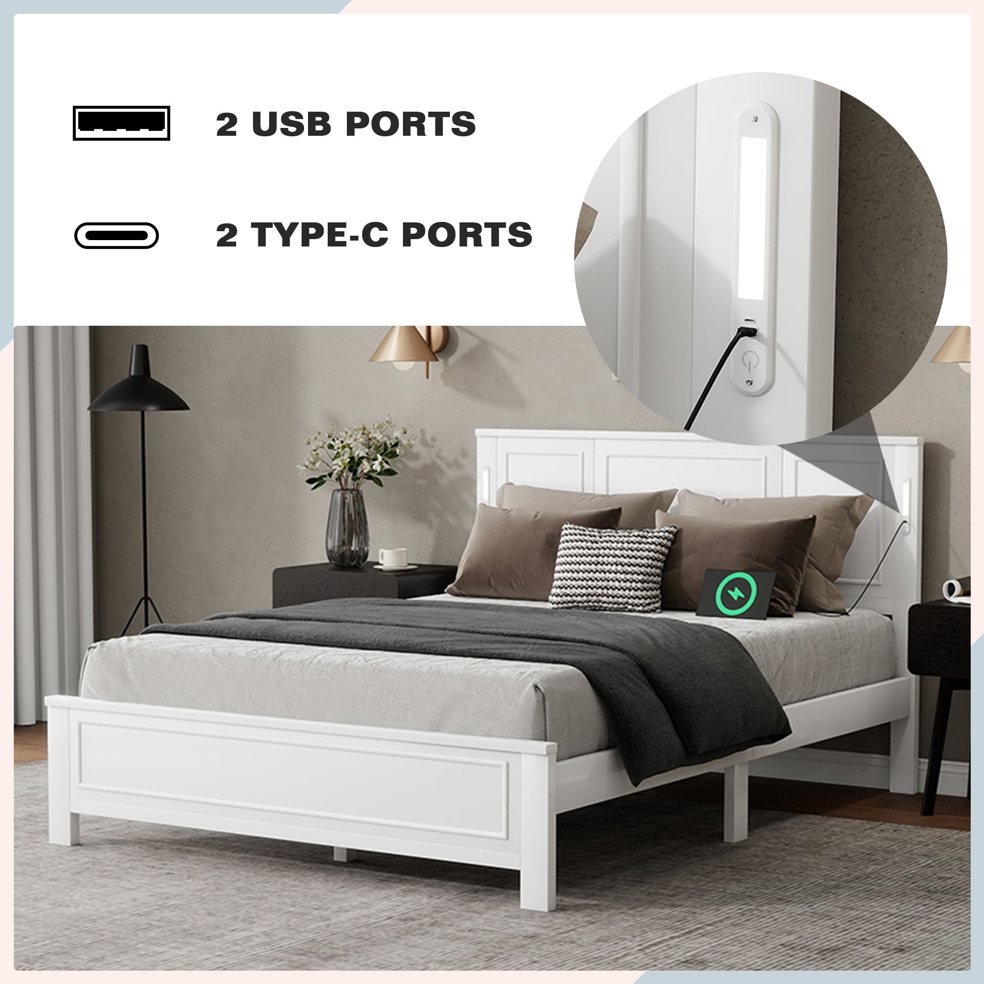 PORKISS Queen Size Platform Bed Frame with LED Lights, USB Charging Station, Solid Wood Queen Bed Frame with Headboard, Wooden Slat Support for Bedroom, White