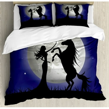 Horse Duvet Cover Set King Size, Silhouette of Rampant Horse and Long Curly Haired Girl on Giant Fullmoon, Decorative 3 Piece Bedding Set with 2 Pillow Shams, Navy Blue and Charcoal, by Ambesonne