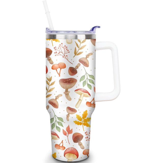 Mushroom 40 oz Tumbler with Handle and Straw, Double Wall Vacuum Insulated Stainless Steel Tumbler with straw, 100% Leak-proof Water Bottle, Travel Mug Coffee Cup, Gift for men and Women