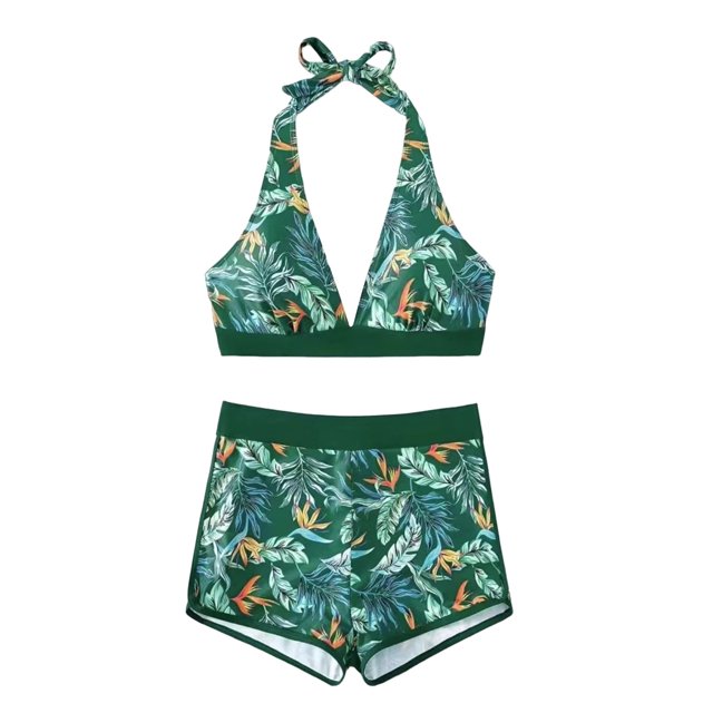 Gibobby Conjunto de bikini para mujer Traje de baño de mujer de talle sexy con cuello colgante estampado Bikini dividido(Verde,G)