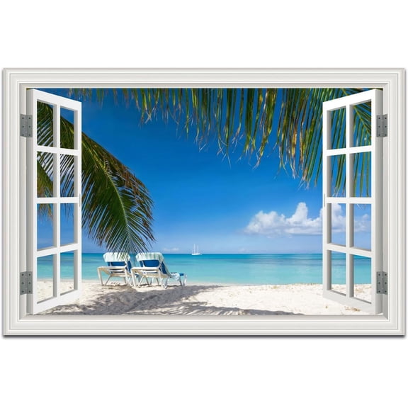 Tropical Beach Wall Art Picture for Living Room - Window Frame Style Canvas Wall Decor Palm Tree - Coastal Art Print for Bedroom - Blue Ocean Artwork on Canvas for Home decoration