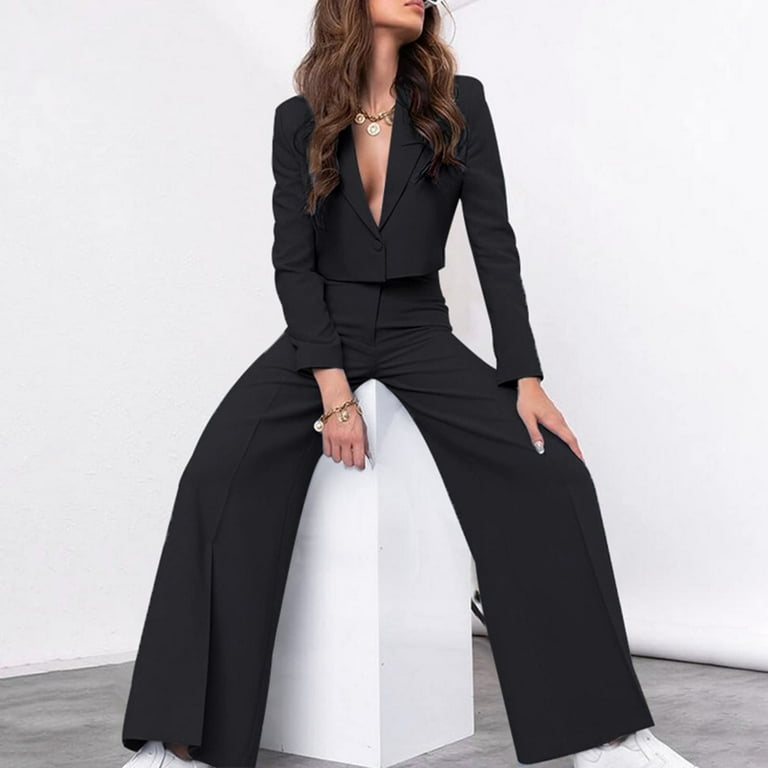 Black Bell Bottom Pants Suit Set With Blazer, Puffed Sleeve Blazer for Women,  Black Trouser Set for Women, Black Pants Suit Set Womens 