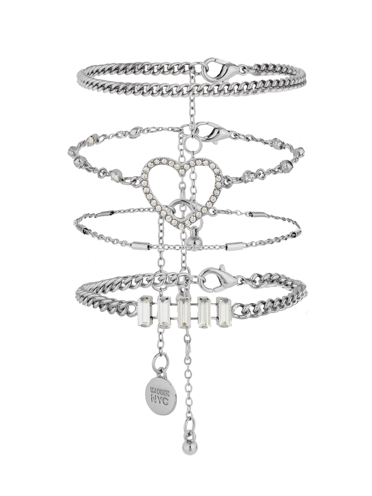 Madden NYC Women's Fashion Rhodium Pavé Heart Mixed 4-Piece Bracelet Set