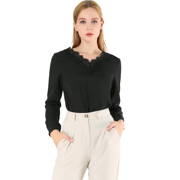 Allegra K Blusa De Gasa Elegante Casual Manga Larga Cuello V De Encaje Top Para Mujer Negro M Unique Bargains Blusa