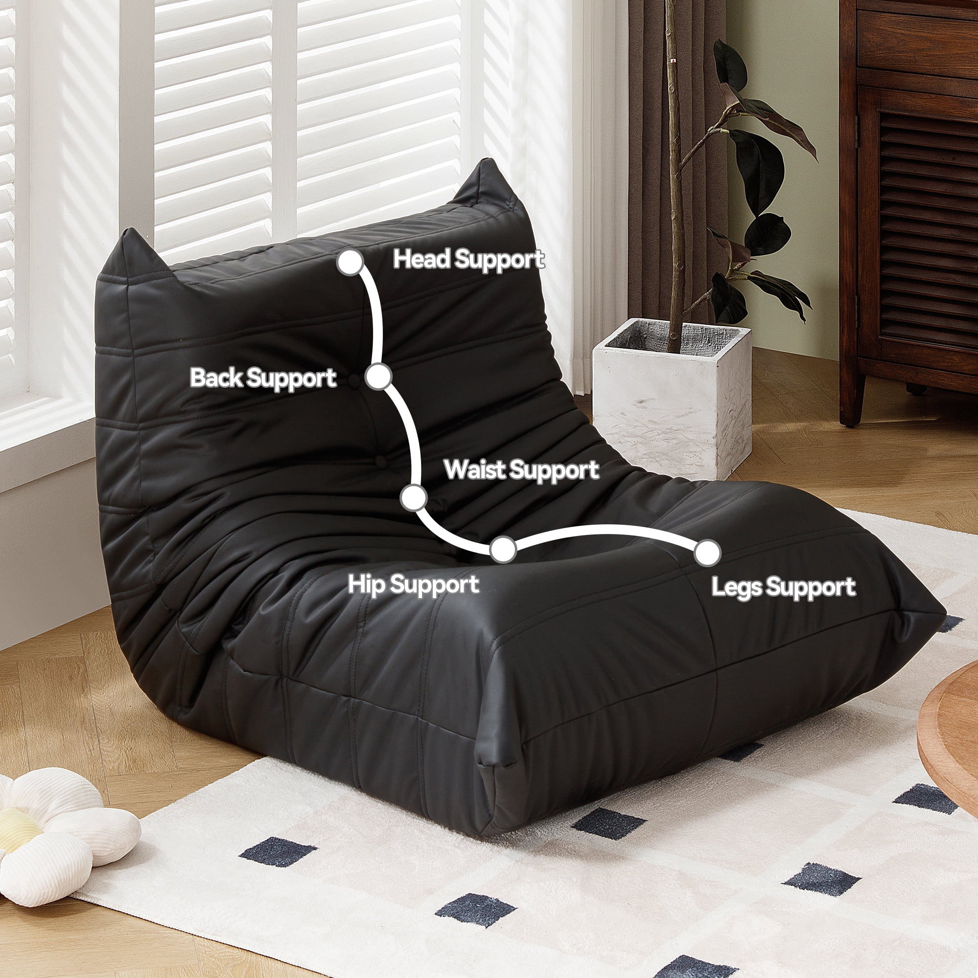 Morden Fort Big Bean Bag Chair for Adults, Faux Leather Bean Bag Sofa, Memory Foam Lounge Chairs with Ergonomic Design, Lazy Togo Chair for Living Room, Bedroom, Dorm, Office(Black)