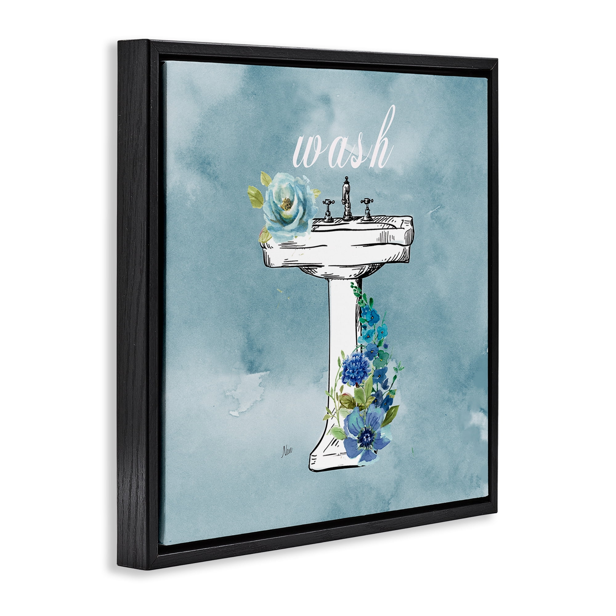 Stupell Industries Floral Bathroom Rules Wash Black Framed Floater Canvas Wall Art, design by Nan