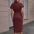 thumbnail image 4 of WRKEKC Summer Dresses for Women Solid V Neck Short Sleeve Cinched Waist Maxi Soft Breathable Fabric Chic Soft, 4 of 7
