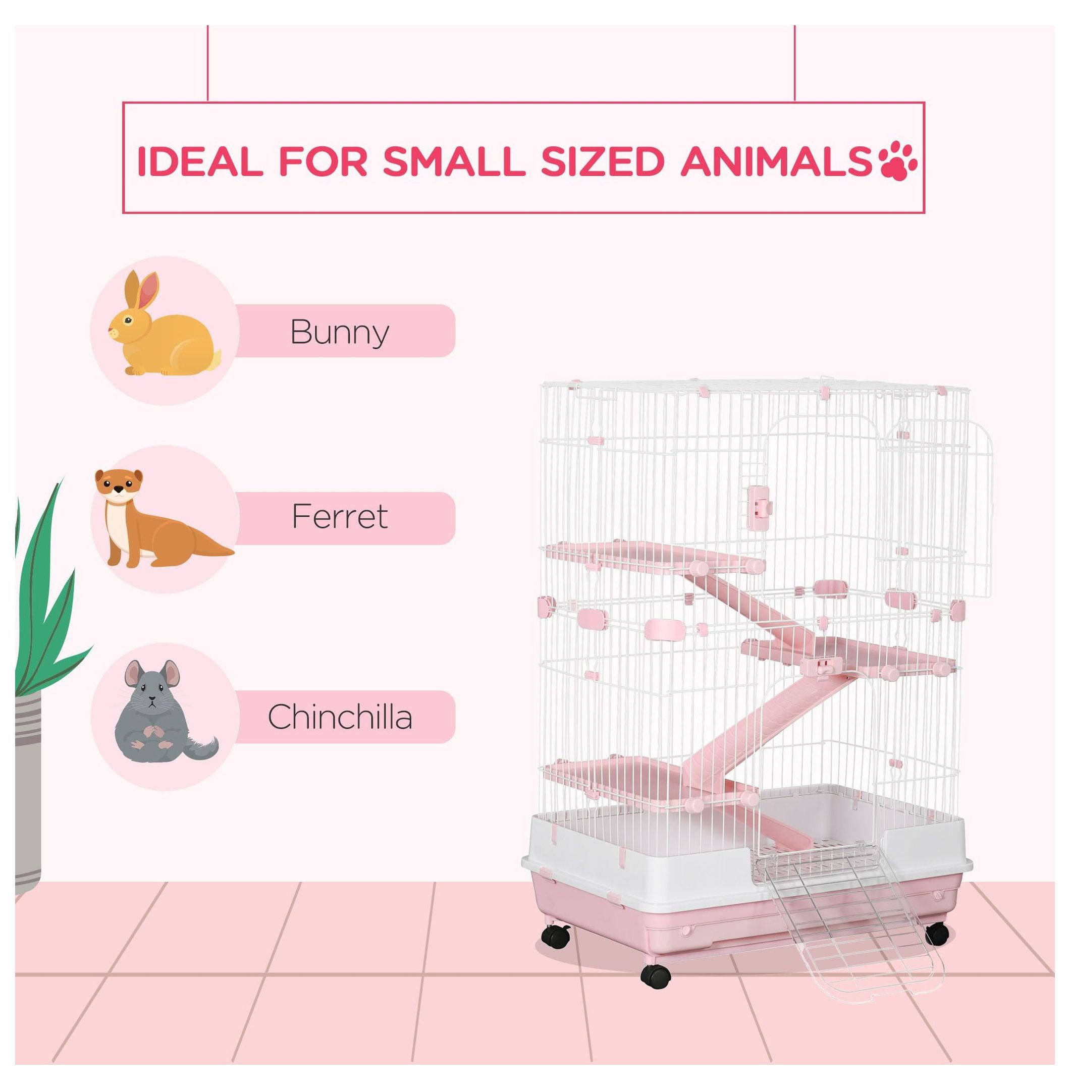 32L 4-Level Small Animal Cage, Rabbit Hutch with Wheels & Tray, Pink - Bunny, Chinchilla, Ferret Habitat