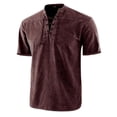thumbnail image 1 of LUXUR Chemises pour Hommes Col Montant T-Shirt Manches Courtes Hauts Blouse Rétro Lacée Tee Rouge Vin 3TG, 1 of 2