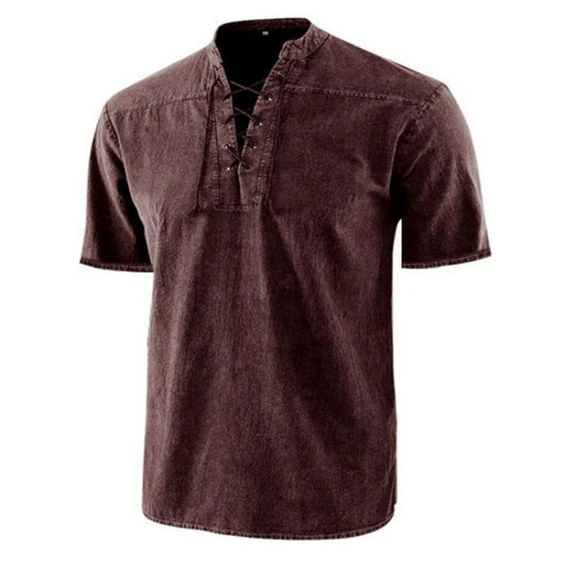 LUXUR Chemises pour Hommes Col Montant T-Shirt Manches Courtes Hauts Blouse Rétro Lacée Tee Rouge Vin TG