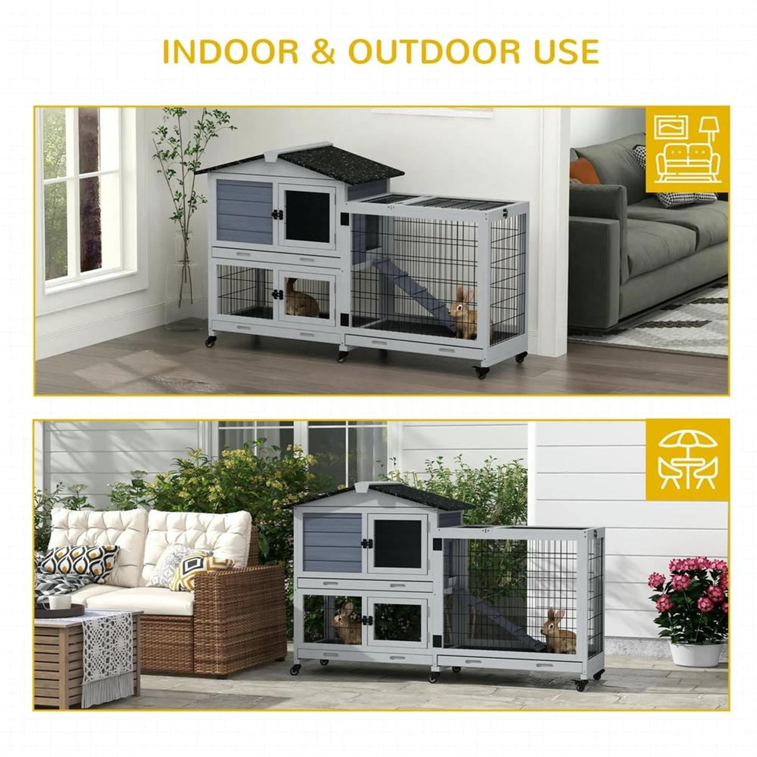 Kadyn 62" 2-tier Wooden Rabbit Hutch with Wheels and Slide-out Tray, Outdoor Small Animal Habitat Chicken Coop Bunny Cage for Bunnies, Guinea Pigs, Gray