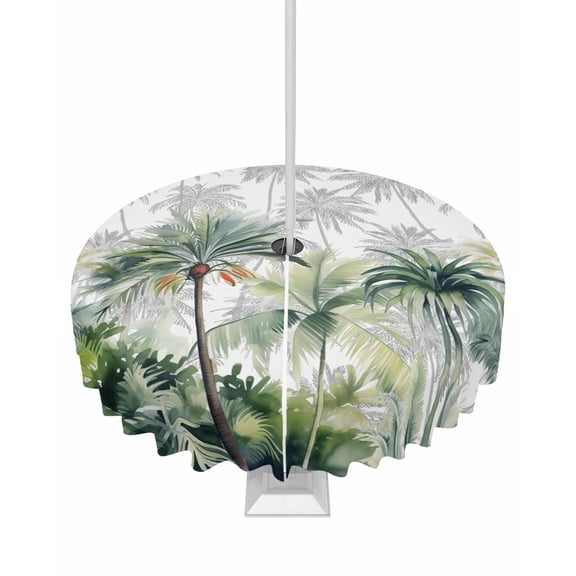 Fsddascl Summer Tropical Leaves Outdoor Tablecloth - 54 Inch Round Dining Table Cover, Green Botanical Palm Trees Waterproof Outdoor Table Cloth with Umbrella Hole & Zipper for Picnic/Patio/Party