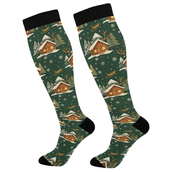 Unisex Knee High Socks, Green Winter Printed Socks, Long Running Socks for Men & Women (1 Pair)