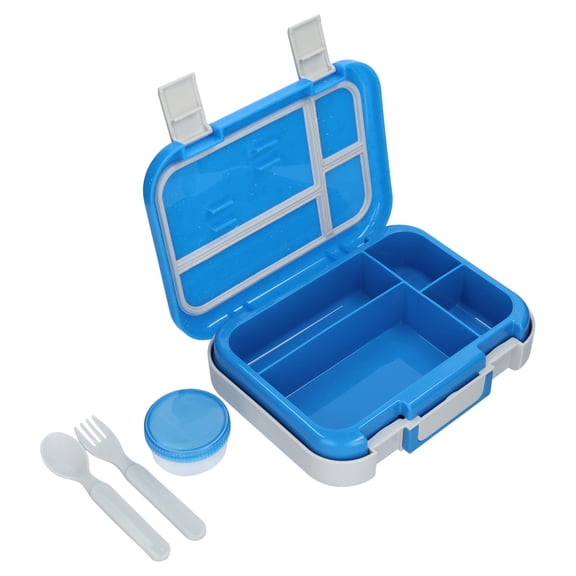 Mainstays Kids 4-Compartment Plastic Bento Box with Removable Tray, Fork, Spoon, and Dressing Container, Blue Splash and Gray