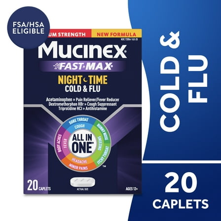 Mucinex Nightshift Cold and Flu Medicine, Fever Reducer, OTC Nighttime Cough Relief, 20 Caplets