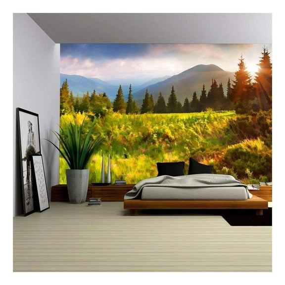 wall26 - Digital Artwork in Watercolor Painting Style. Beautiful Summer Sunrise in The Mountains. - Removable Wall Mural | Self-Adhesive Large Wallpaper - 100x144 inches