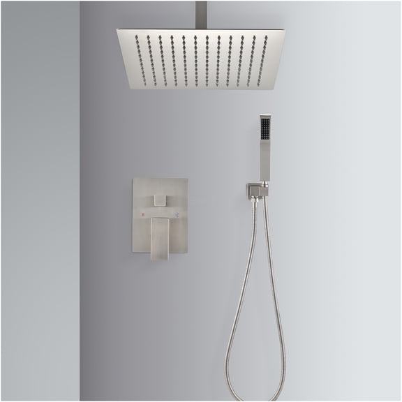 JERFIT 12-inch Ceiling Mounted Rainfall Shower Combo Set with Handheld Spray, Brushed Nickel Finish, Solid Brass Construction