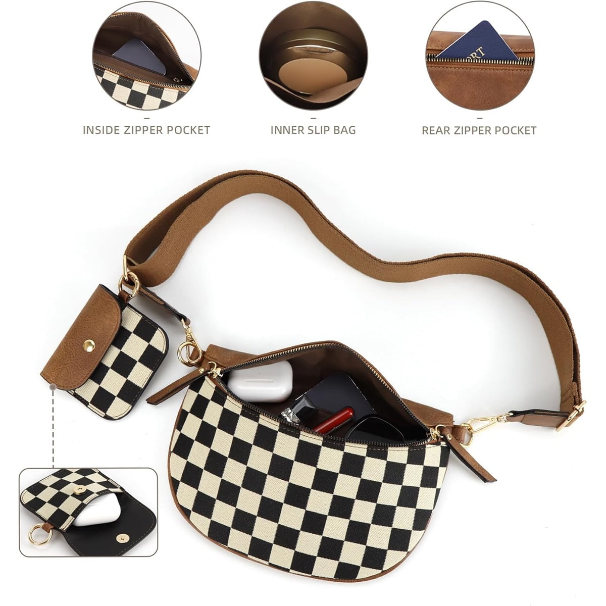 Luxury Designer Bum Bags for Women with small bag Checkered Crossbody Fanny Packs PU Leather Cross Body Bum Purse Belt Bag Bumbags for Work Shopping Daily