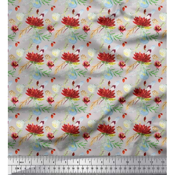 Soimoi Gray Cotton Duck Fabric Leaves & Lotus Floral Print Sewing Fabric Yard 42 Inch Wide