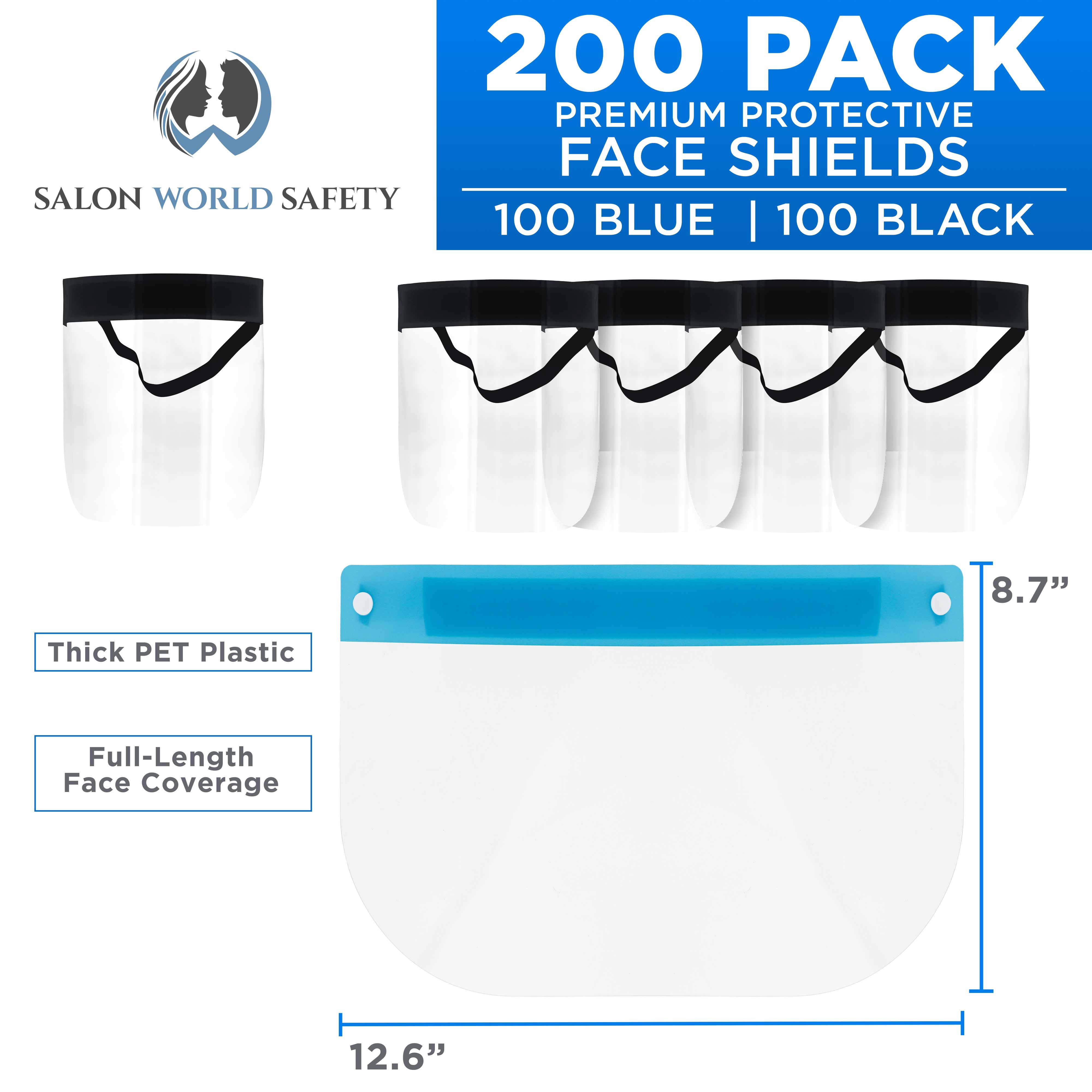 Salon World Safety Face Shields (100-Black & 100 Blue) - Ultra Clear Protective Full Face Shields to Protect Eyes, Nose and Mouth - Anti-Fog PET Plastic, Elastic Headband - Sanitary Droplet Guard