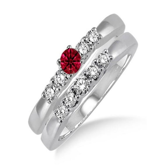 1.25 Carat Ruby & Diamond Elegant 5 stone Bridal Set on 10k White Gold