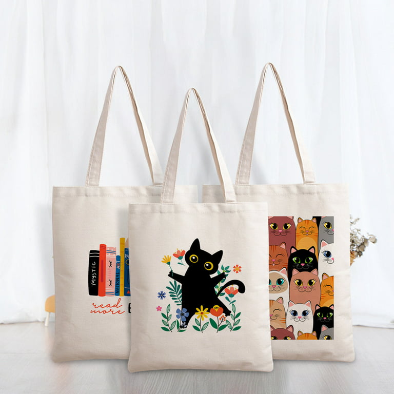 Canvas Aesthetic Tote Bag for Women,Cute Flower cat book tote bag Shopping  Bags School Shoulder Bag Reusable Grocery Bags