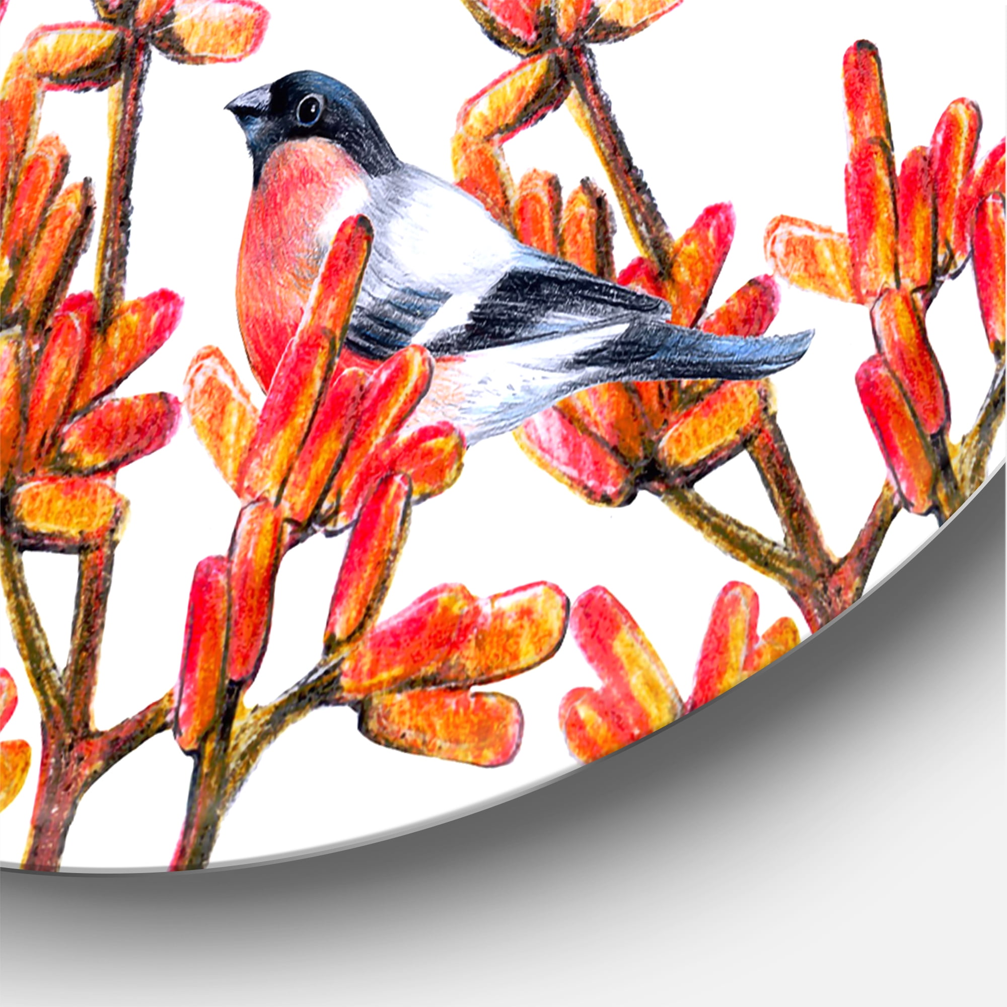 Designart 'Flock of Bullfinches Birds Sitting on Orange Branches' Traditional Circle Metal Wall Art 11x11 - Disc of 11