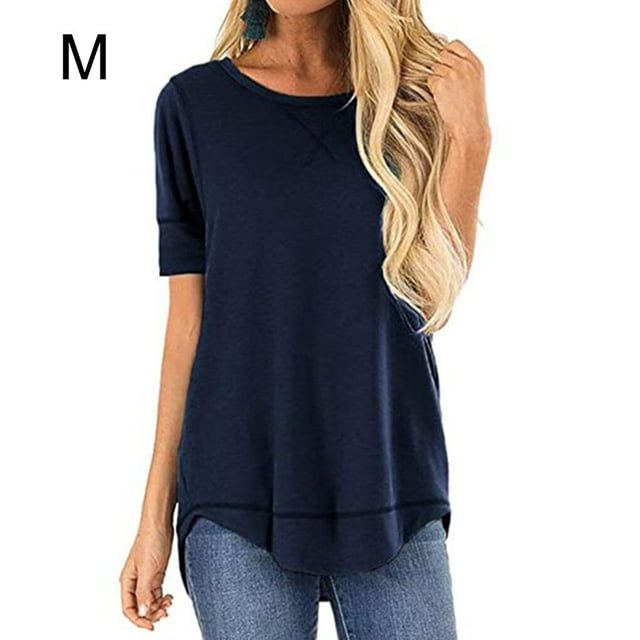 stanreset Women T-shirt Solid Color Stitching Top Asymmetrical Hem Blouse, Navy Blue, M
