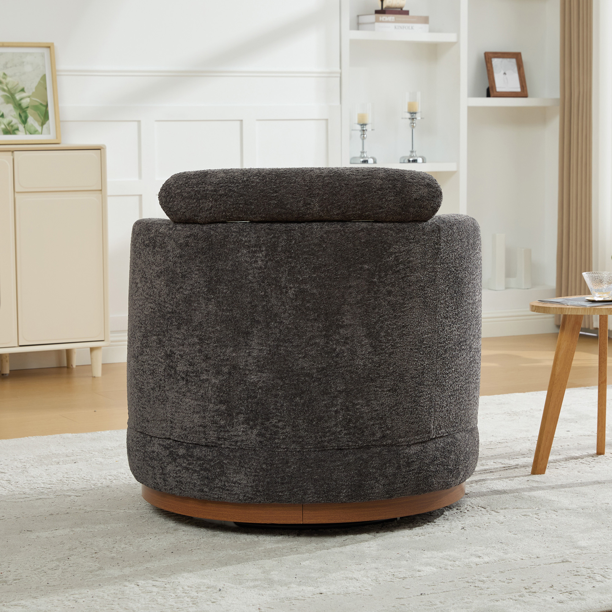 Leumius 360°Swivel Barrel Chair with 1 Plump Pillow and a Circular Wooden Base Ring, Round Chair with Removable Cushion for Living Room Bedroom Apartment,Charcoal
