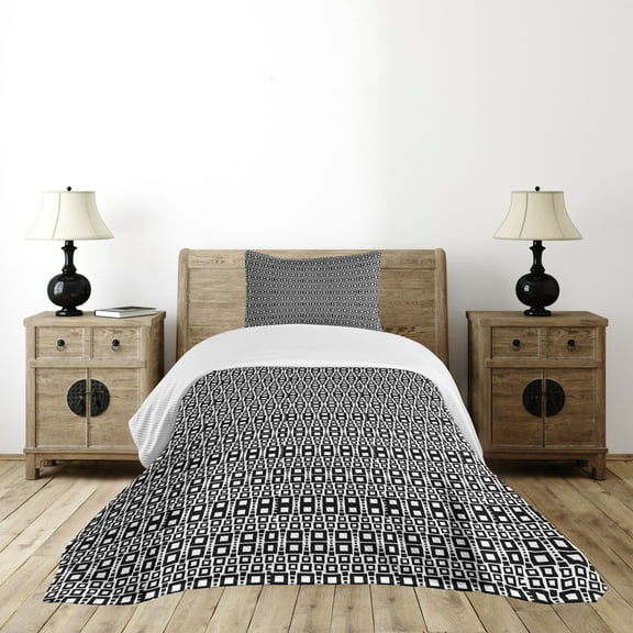 Ambesonne Abstract Quilted Bedspread Set 2 Pcs, Grid Rows Pattern, Twin Size, Black White