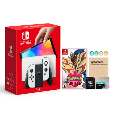 Nintendo Switch OLED Model White Joy Con 64GB Console Improved HD Screen and LAN-Port Dock with Pokemon Shield and Mytrix Accessories 2021 New