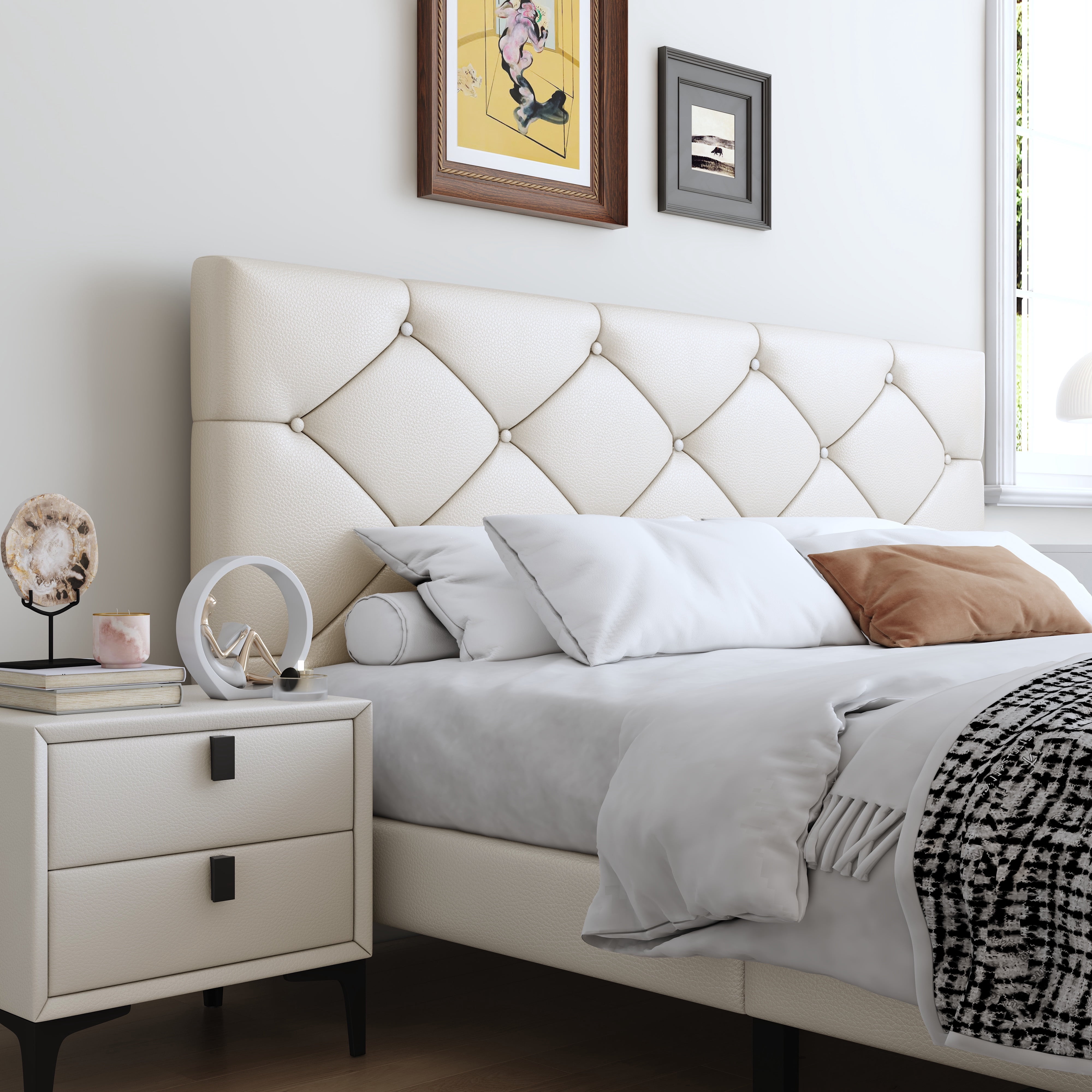 Queen Bed Frame with Upholstered Faux Leather Headboard, UHOMEPRO Platform Bed Frame with Wood Slat Support, No Box Spring Needed, Beige