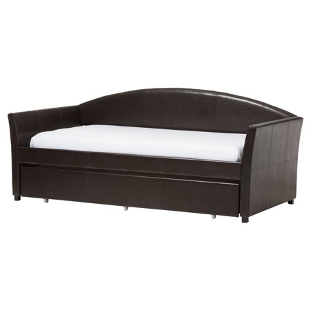 Baxton Studio London Modern and Contemporary Faux Leather Arched Back Sofa Twin Daybed with Roll-Out Trundle Guest Bed  Brown