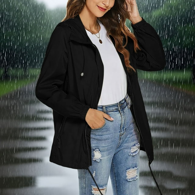 Soki Veste Imperméable pour Femmes, Veste Légère à Fermeture Éclair, Veste à Capuche à Manches Trois-Quarts avec Poches