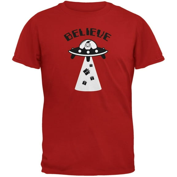 Christmas Believe Santa UFO Red Adult T-Shirt - Small