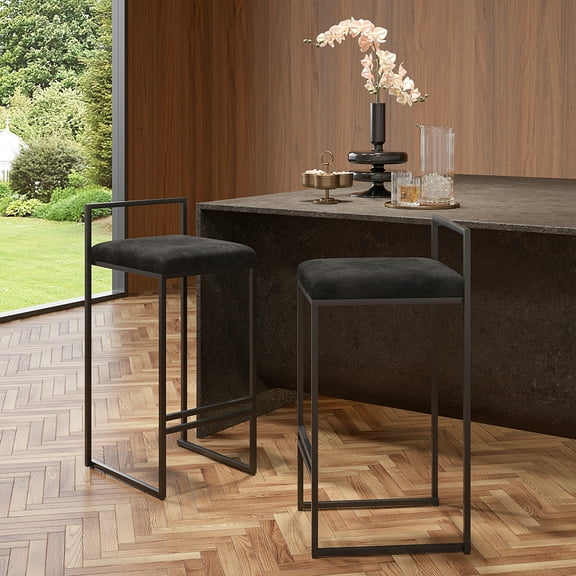 Homary Modern Black Velvet Counter Stool Set of 2 with Back & Footrest