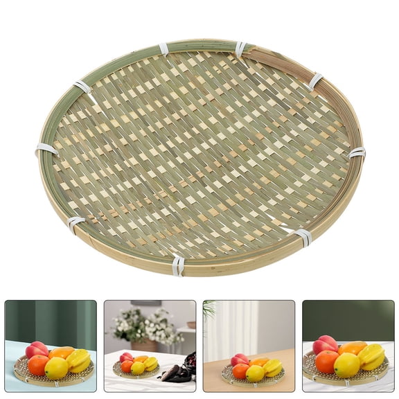 OUNONA Bamboo Woven Trays 11.79 Inch Natural Handmade Fruit Basket Round Flat Shallow Trays For Food Storage