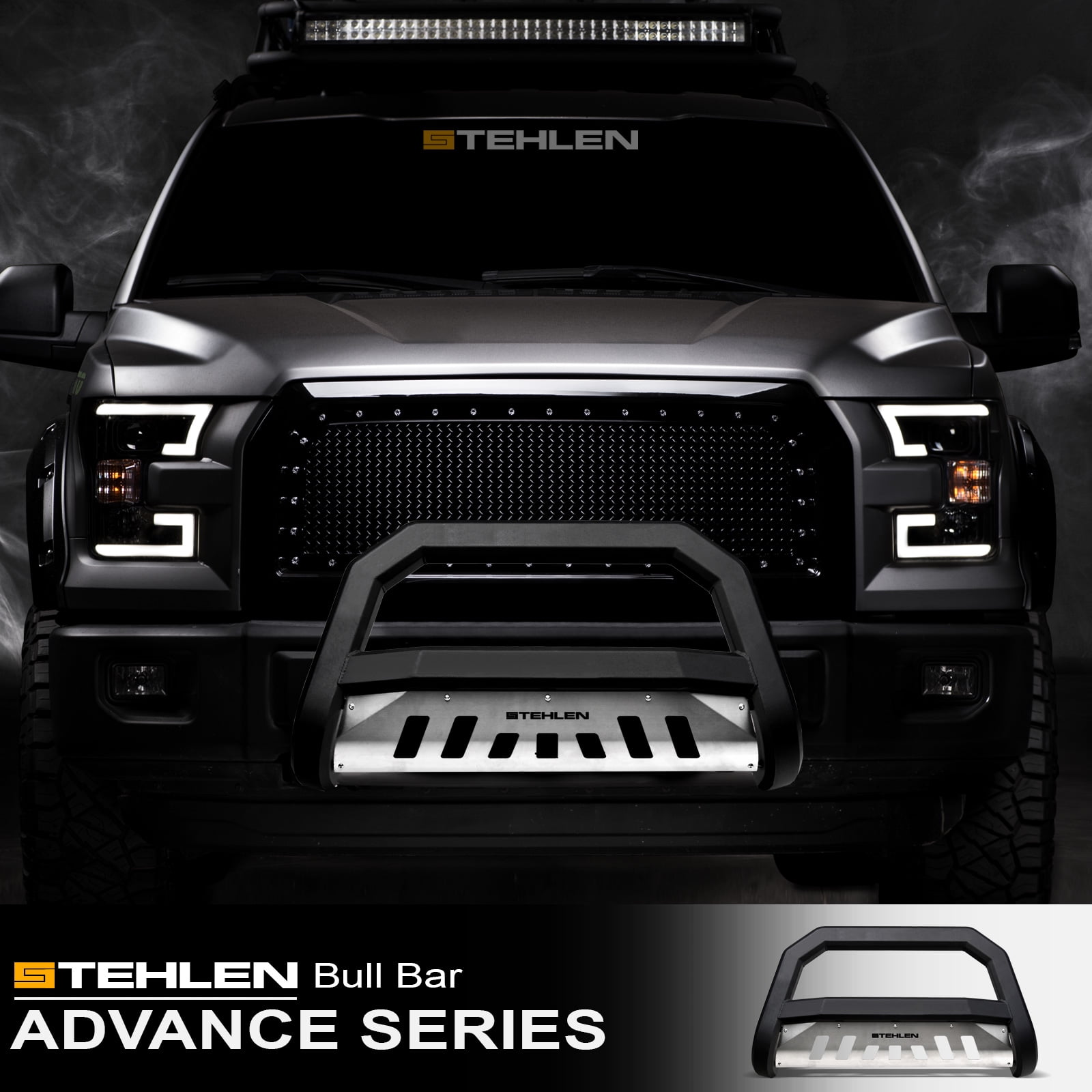 4X4TAG Premium Quality Matte Black Powder Coated Carbon Steel Bull Bar w//Brushed Skid Plate Fits Chevy//GMC Yukon 1995-1999 Bumper Grille Guard with Skid Plate and Optional Light Holes