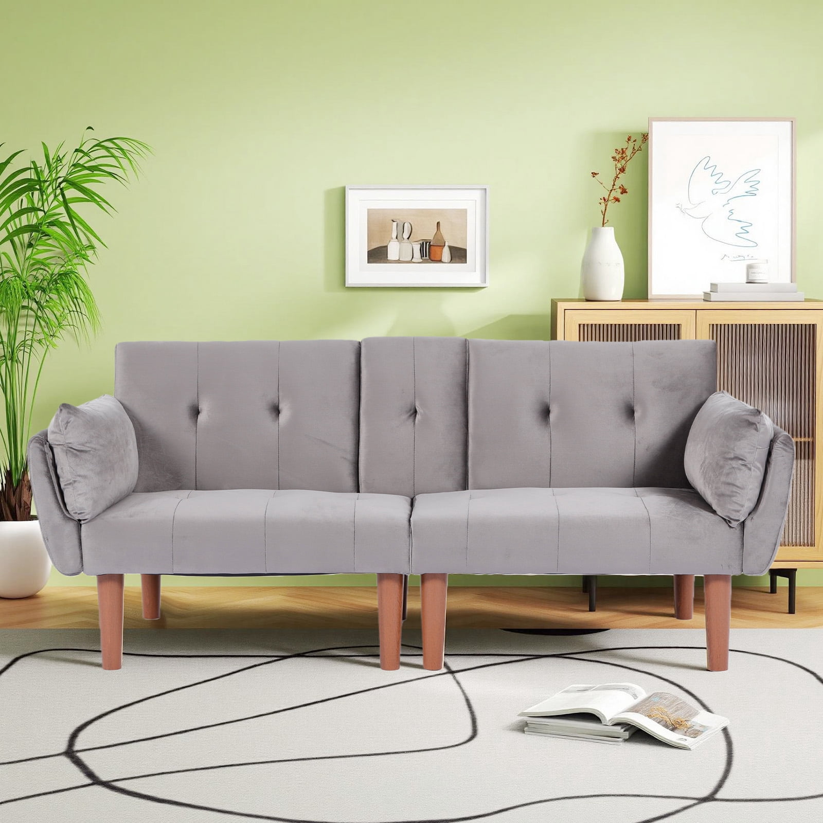 Leumius 72 Inch Futon Sofa Bed,Velvet Futon Couch with Adjustable Backrest and Cupholders,Suitable for Apartment,Living Room,Small Space,Dark Gray