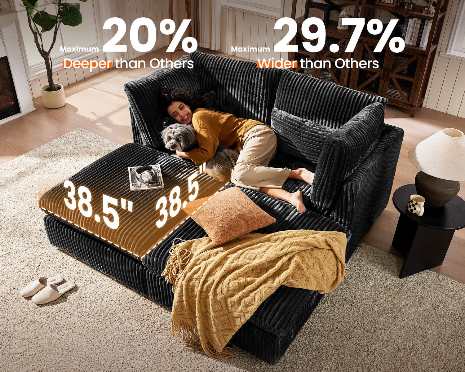 CHIC HOUSE Oversized Modular Sofa,Extra Deep Cloud Corduroy Sectional Couch with Ottoman Chaise,FSC Certified Fluffy Chenille Loveseat L Sofa for Living Room,Villa