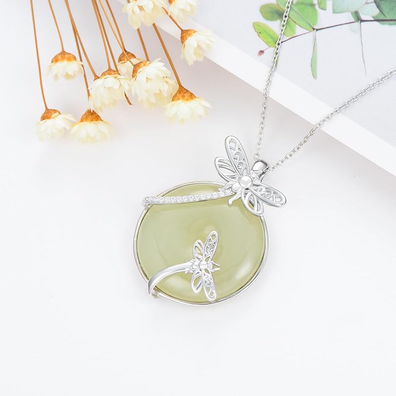 JKR Jade Necklace for Women Sterling Silver Round Cat/Hummingbird/Dragonfly/Butterfly/Bee Jade Jewelry Birthday Gifts Women Mom Wife Grandma